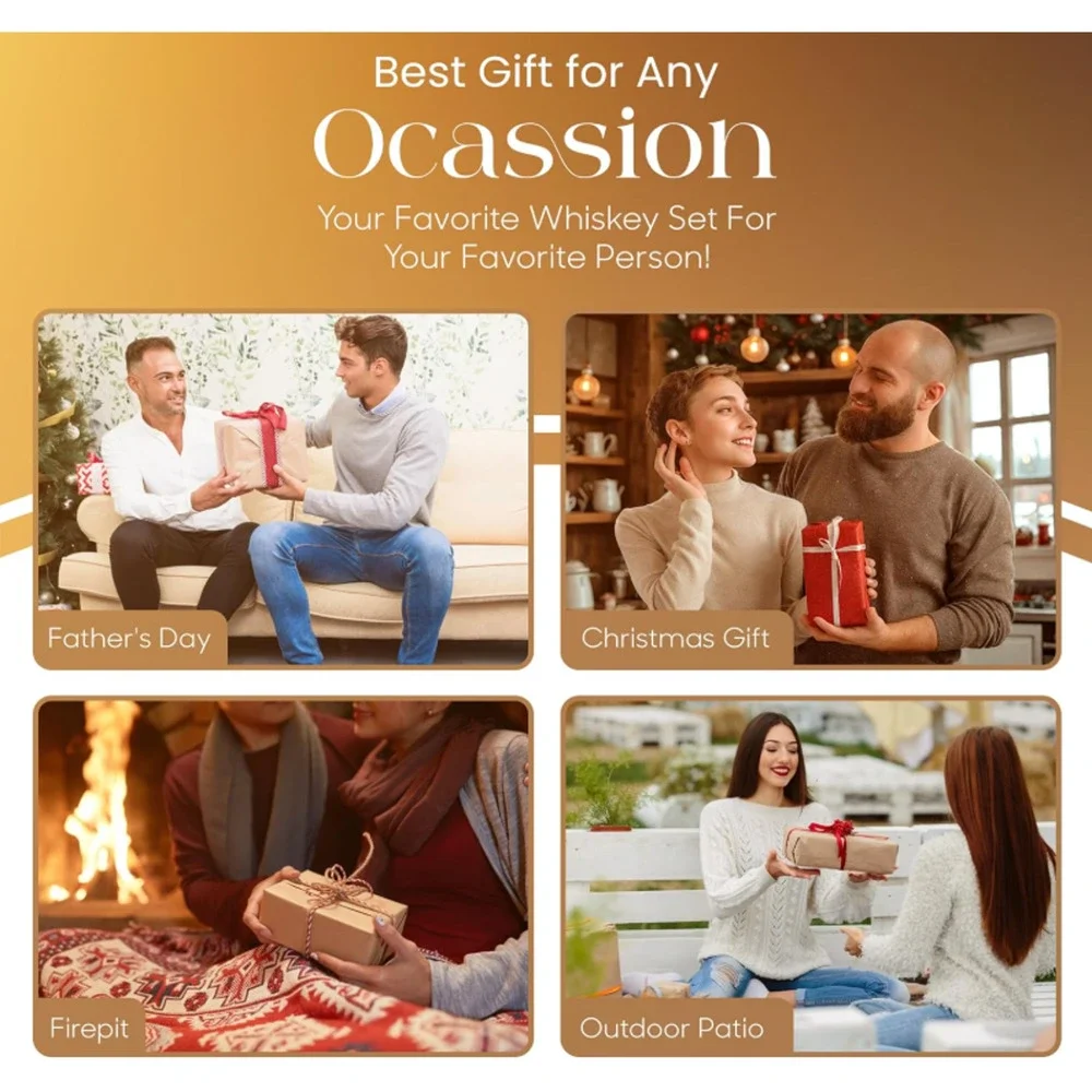Whiskey Glasses Gift Set - Two Glasses, Reusable Ice Cubes, Marble Coasters